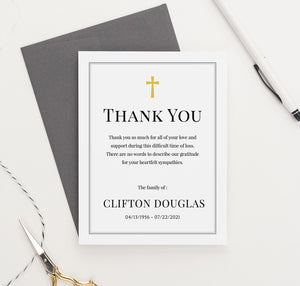 FTY001 simple personalized funeral thank you cards with border gold cross