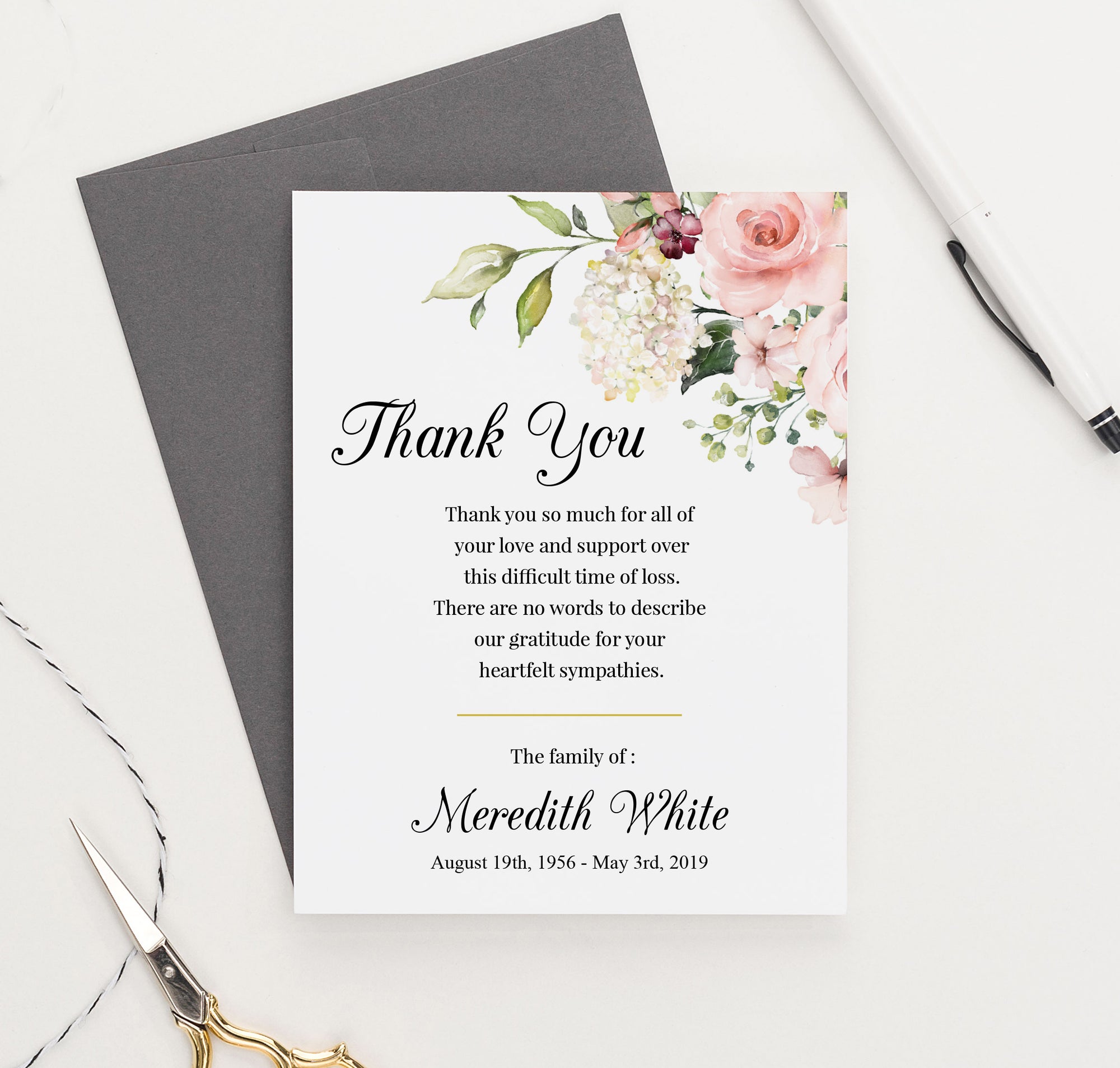 FTY005 foral corner personalized fuenral thank you cards with message pink elegant memorial sympathy