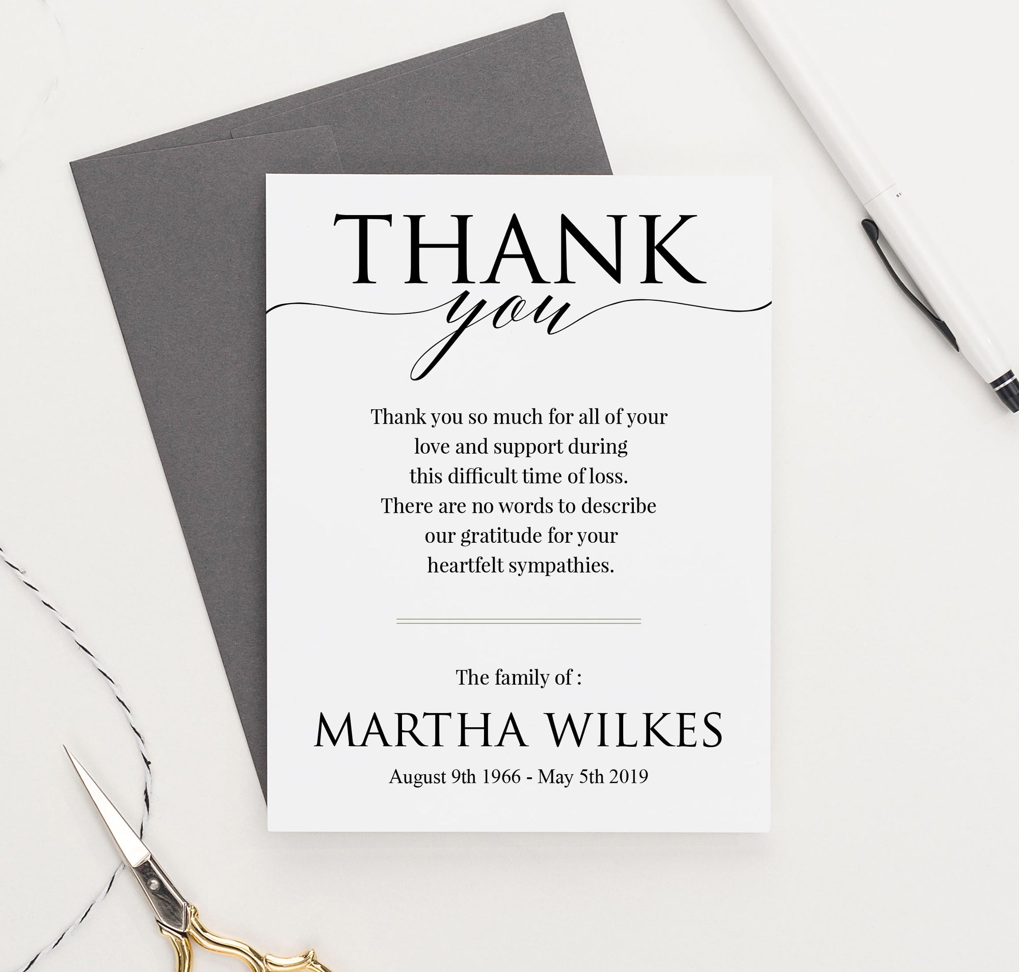 FTY006 classic funeral thank you notes with envelopes simple memorial sympathy burial