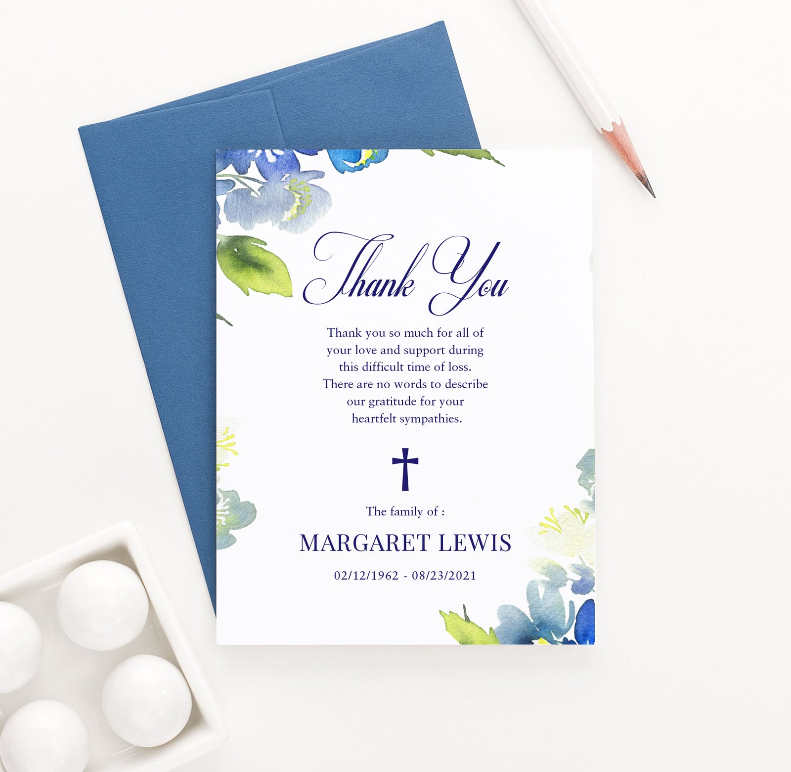 FTY008 blue greenery funeral sympathy thank you card personalized elegant memorial burial message