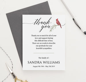 FTY021 personalized red cardinal thank you card for funeral bird memorial sympathy