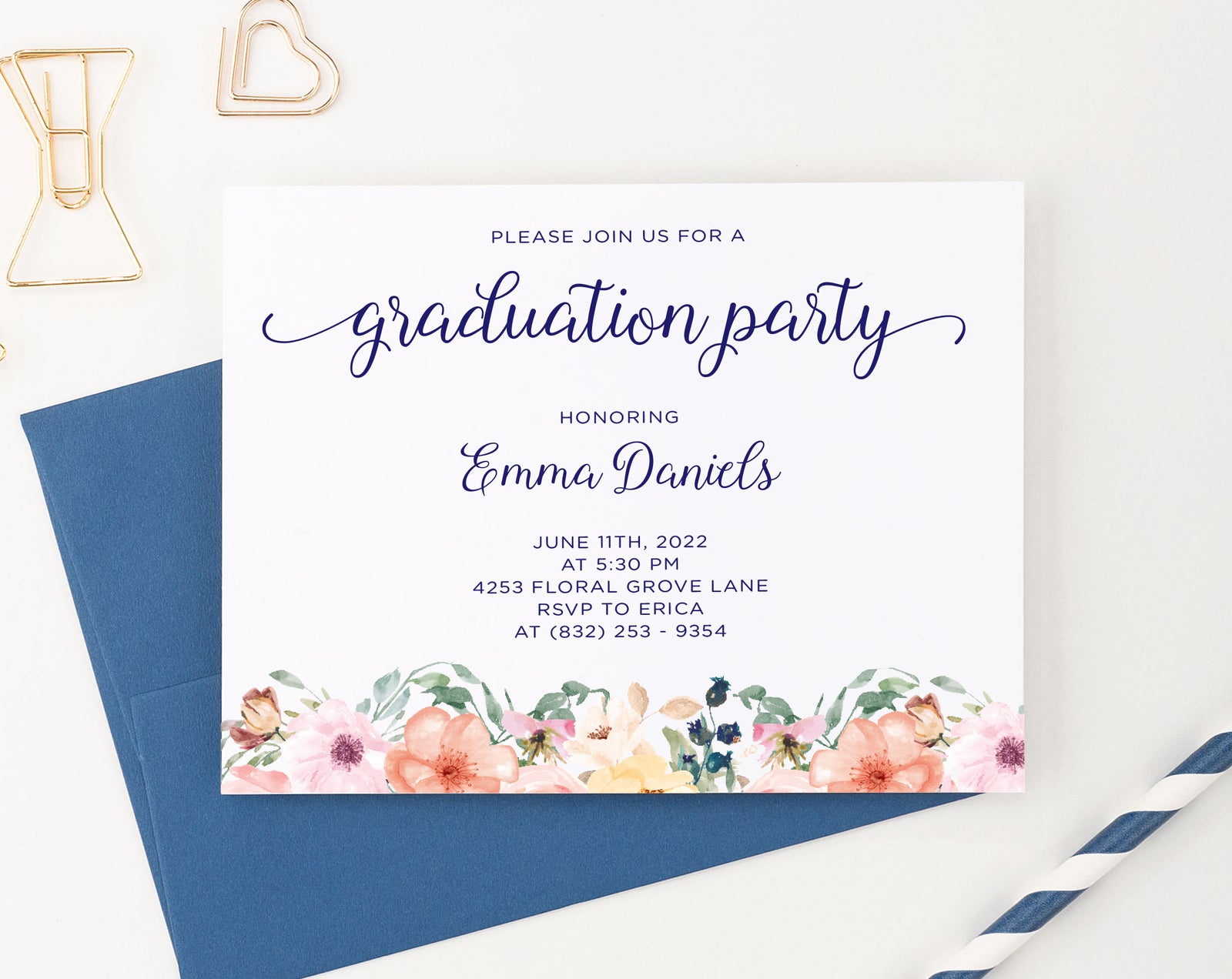    GPI001 Floral Graduation Party Invites Personalized commencement grad flowers high school college