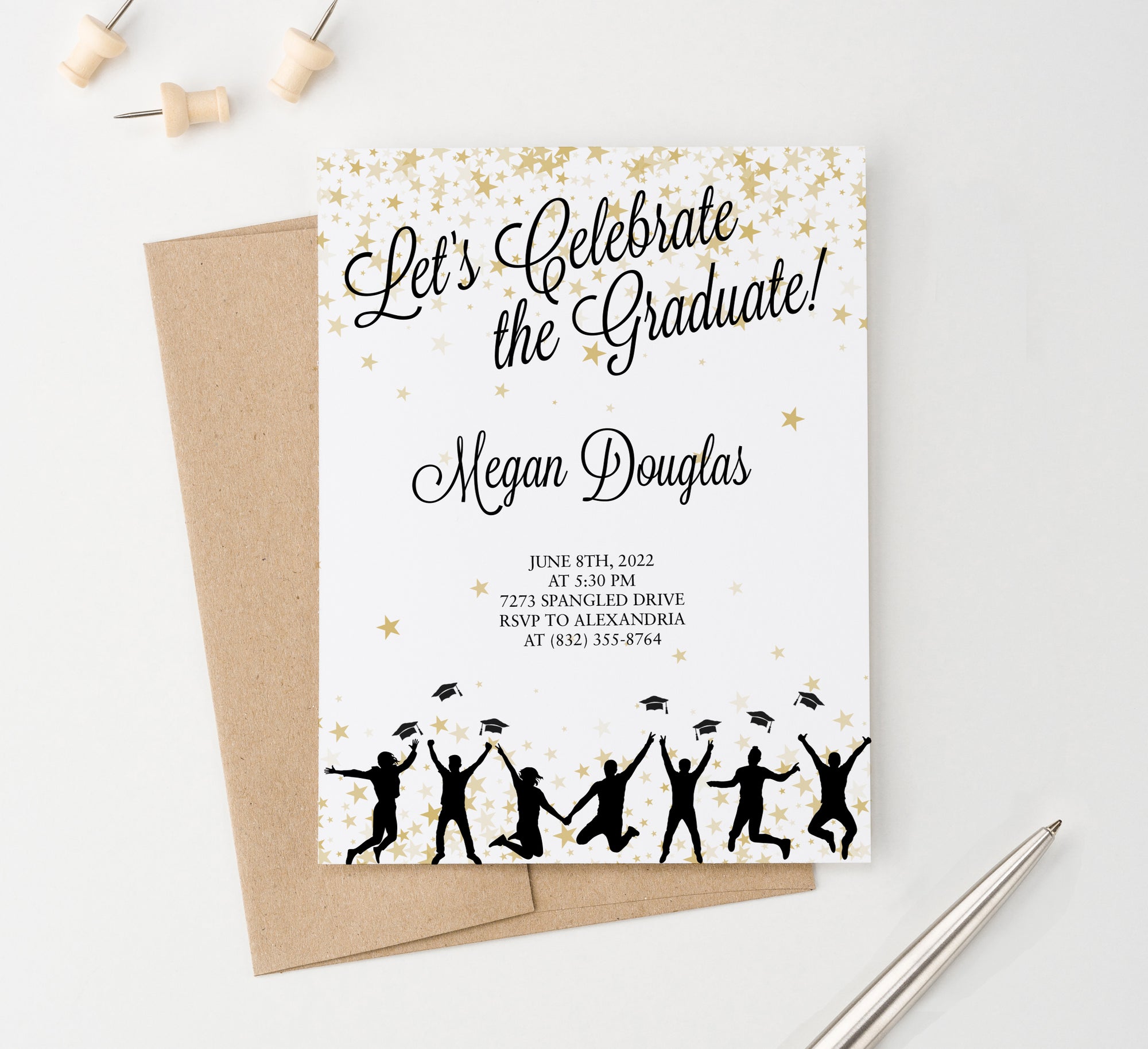   GPI005 Personalized Graduation Celebration Invites with Gold Stars silhouettes college high school
