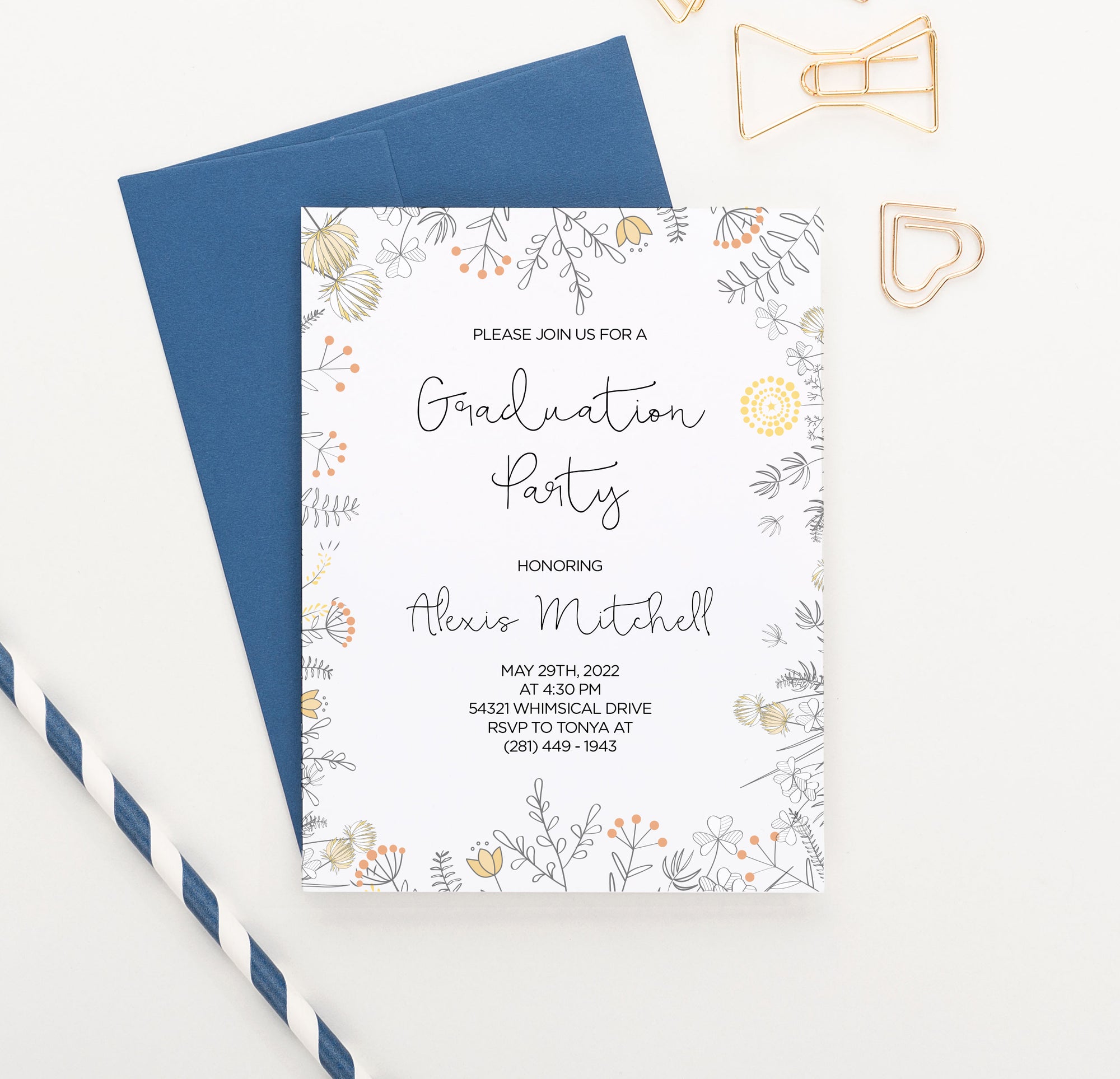 GPI009 Cute Floral Graduation Invitations Personalized commencement high school college modern