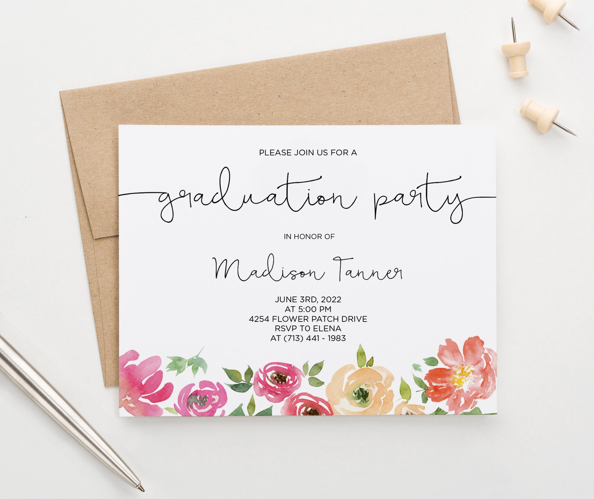    GPI012 Modern Floral Graduation Party Personalized Invitations flowers grad high school college