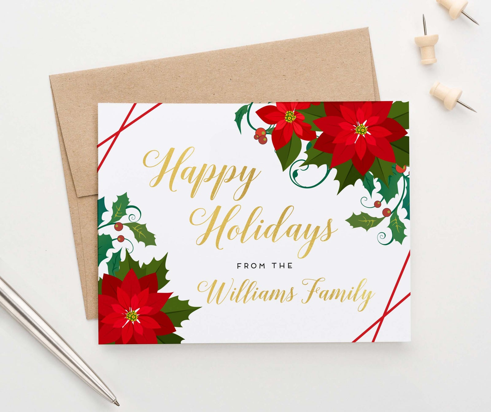HGC002 elegant personalized  poinsettias christmas cards folded red lines holiday gold