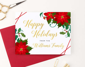 HGC002 elegant personalized  poinsettias christmas cards folded red lines holiday gold