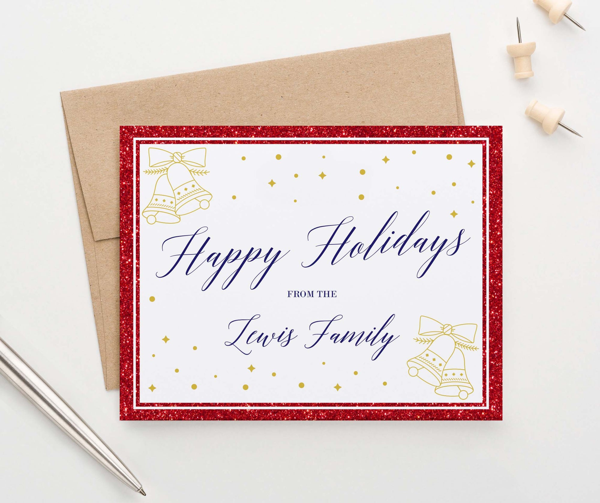 HGC003 glitter red border folded personalized holiday cards with gold bells elegant christmas