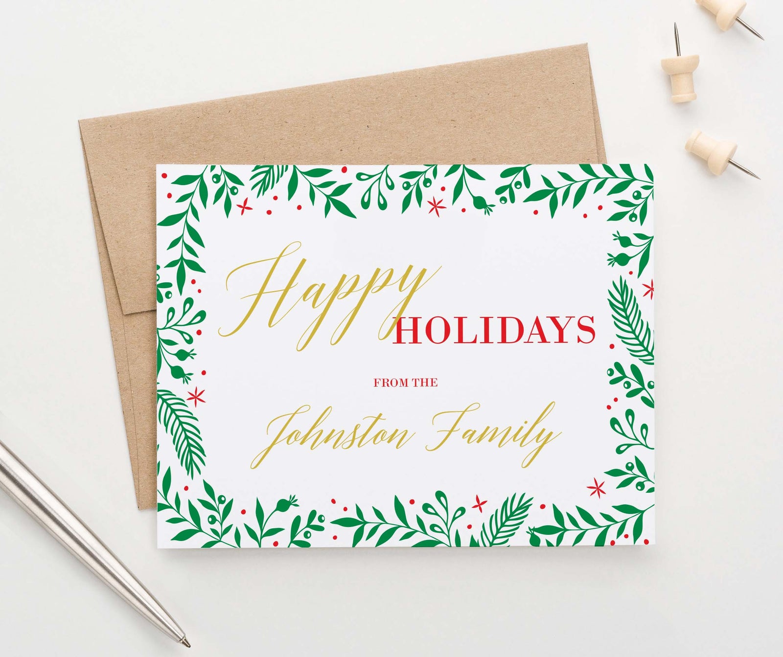 HGC005 red and gold personalizd christmas cards with holly border simple elegant