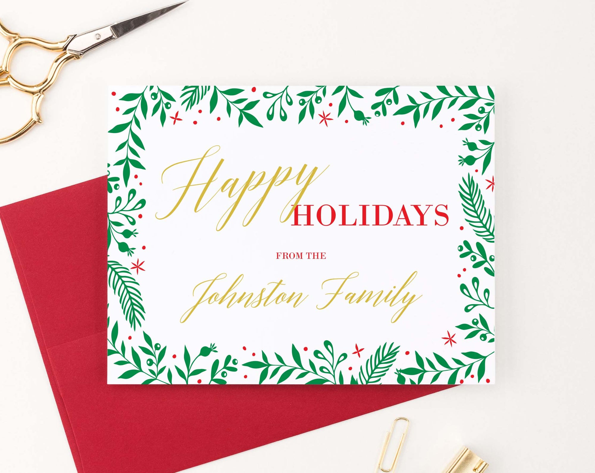 HGC005 red and gold personalizd christmas cards with holly border simple elegant