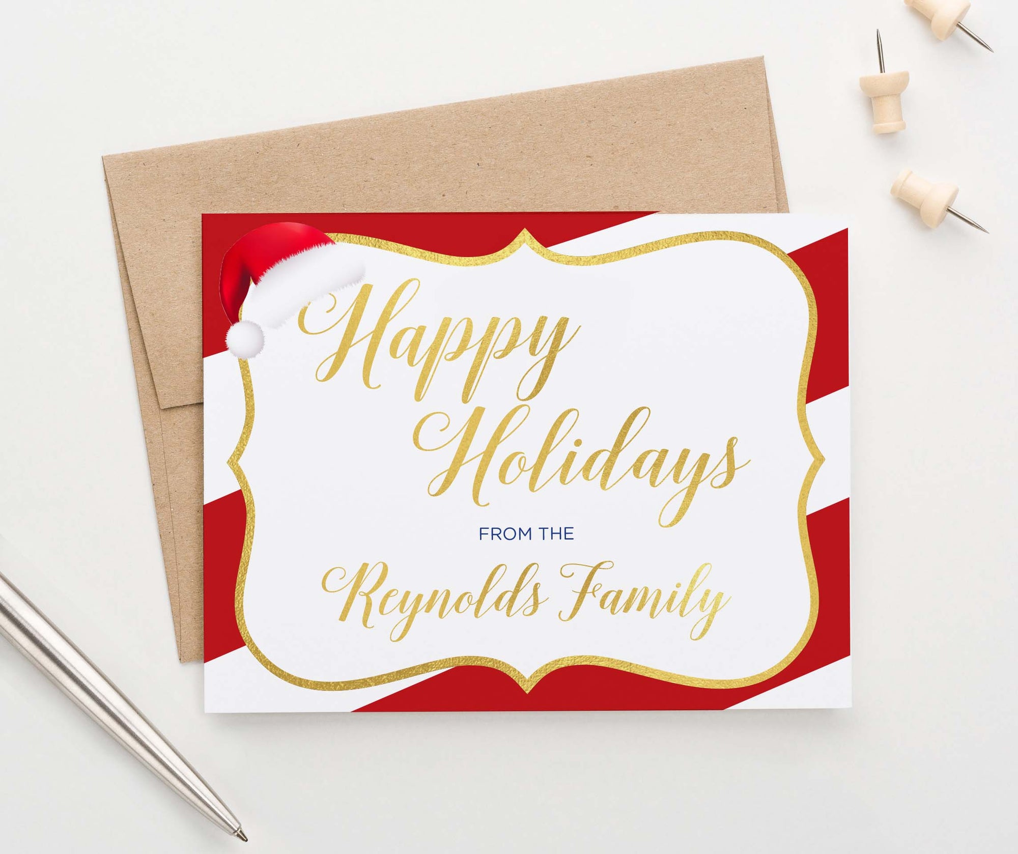 HGC006 personalized holiday cards with candy cane striped border gold modern