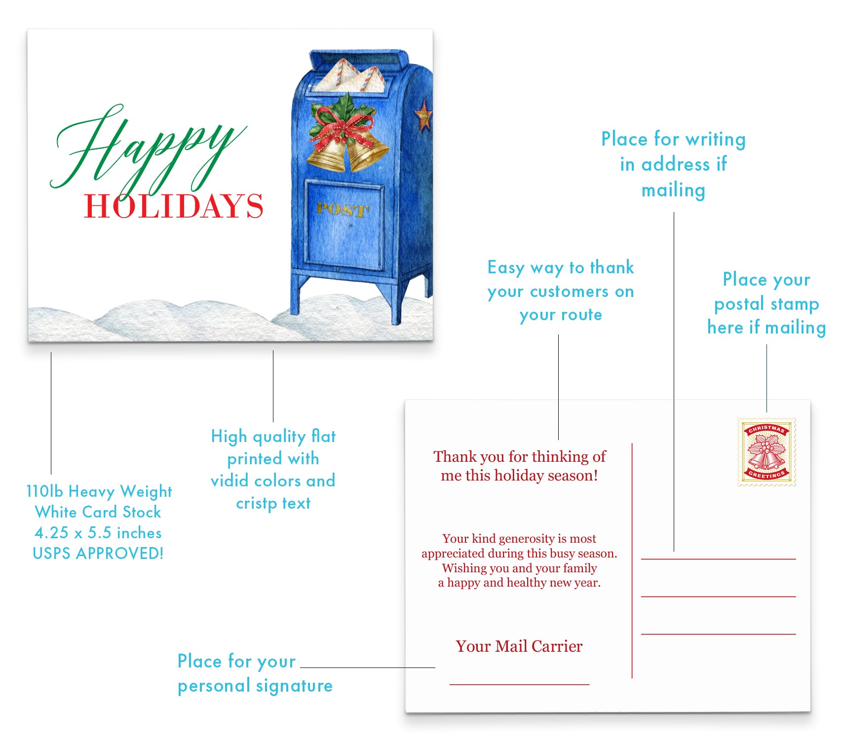 mail carrier thank you postcard with blue drop box - modern pink paper