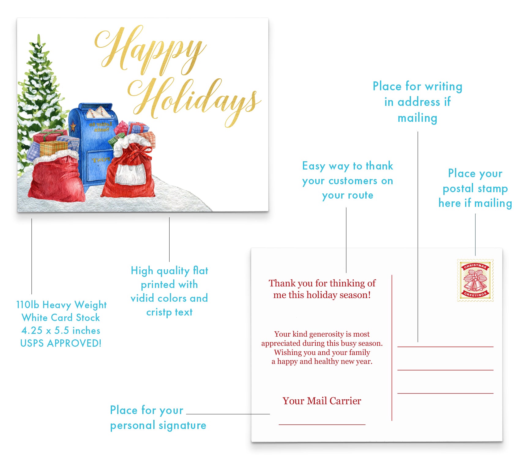 Happy Holiday Postcards for Mail Carrier with Holiday Mail - Modern Pink  Paper
