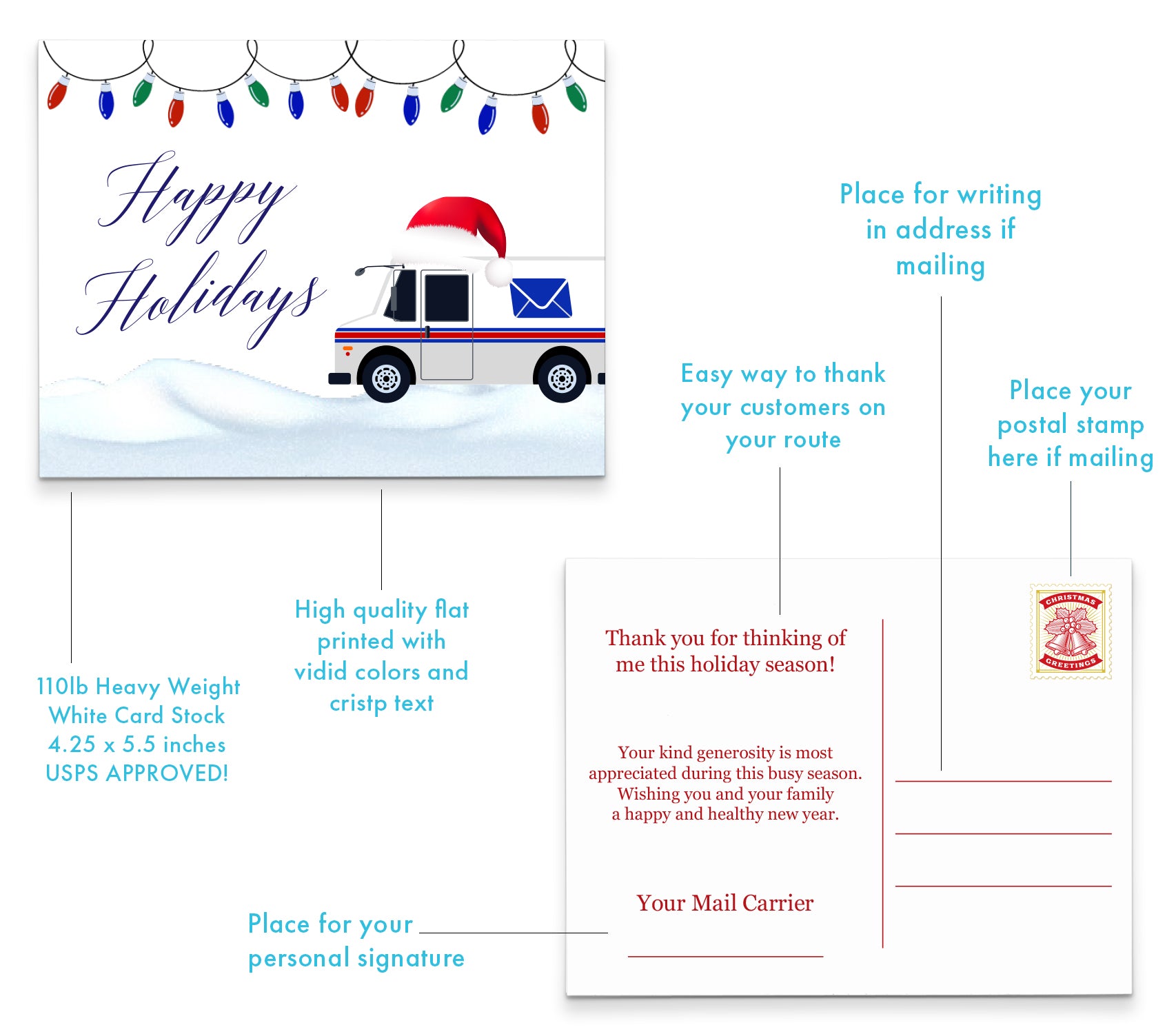 holiday mail carrier postcards with postal truck - modern pink paper
