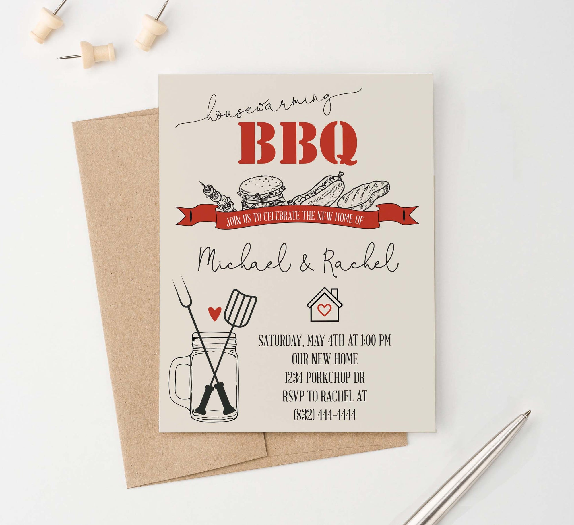 HPI003 Bbq housewarming party invite personalized grill backyard rustic