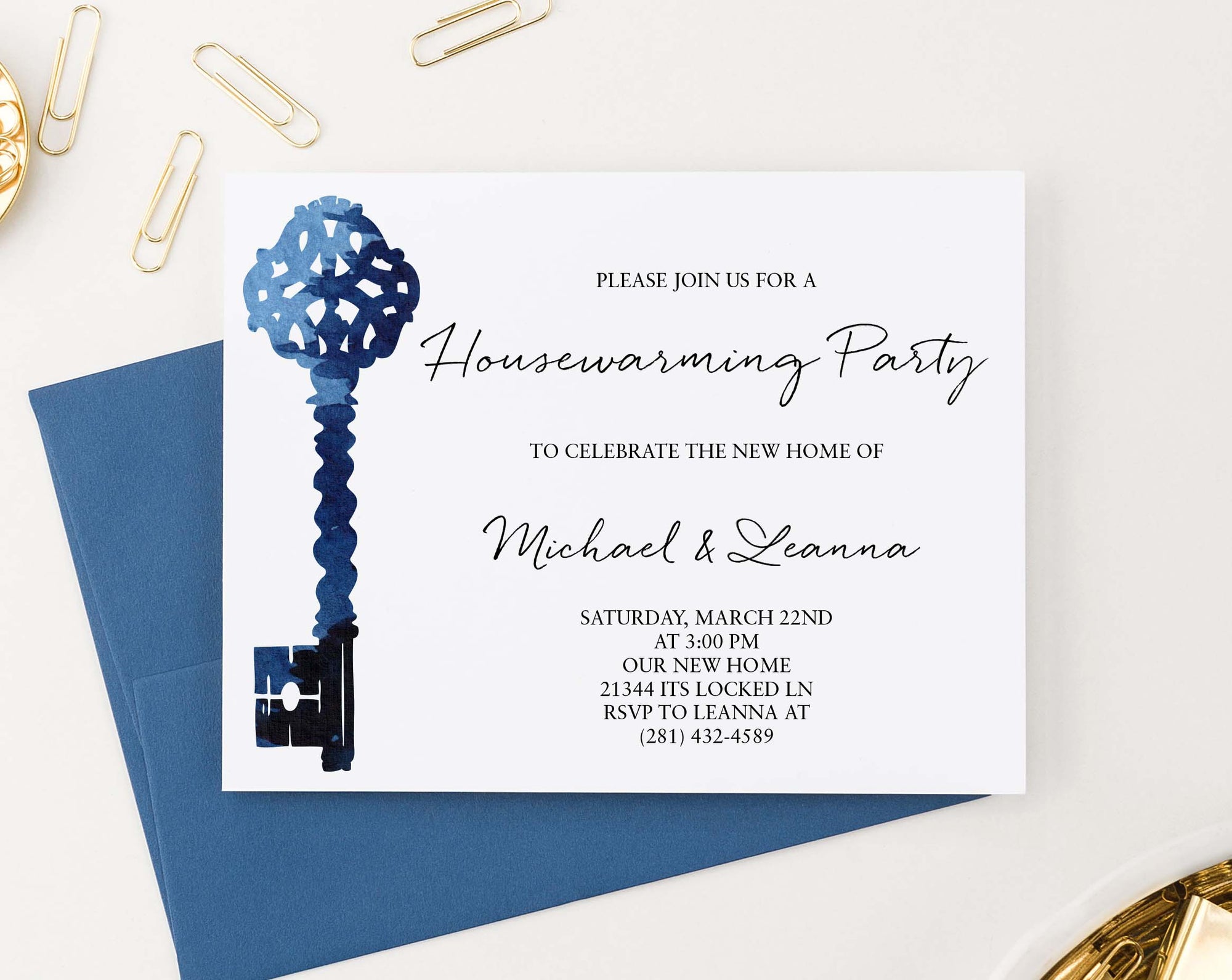 HPI016 blue watercolor key housewarming party invitation antique elegant