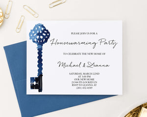 HPI016 blue watercolor key housewarming party invitation antique elegant 1