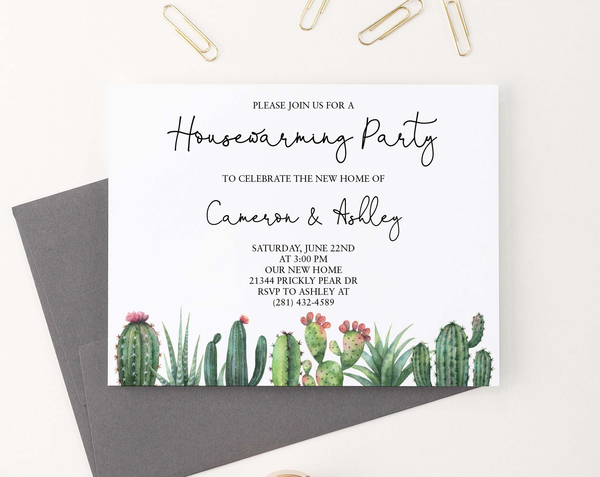 HPI017 personalized elegant housewarming party with cactus succulents greenery