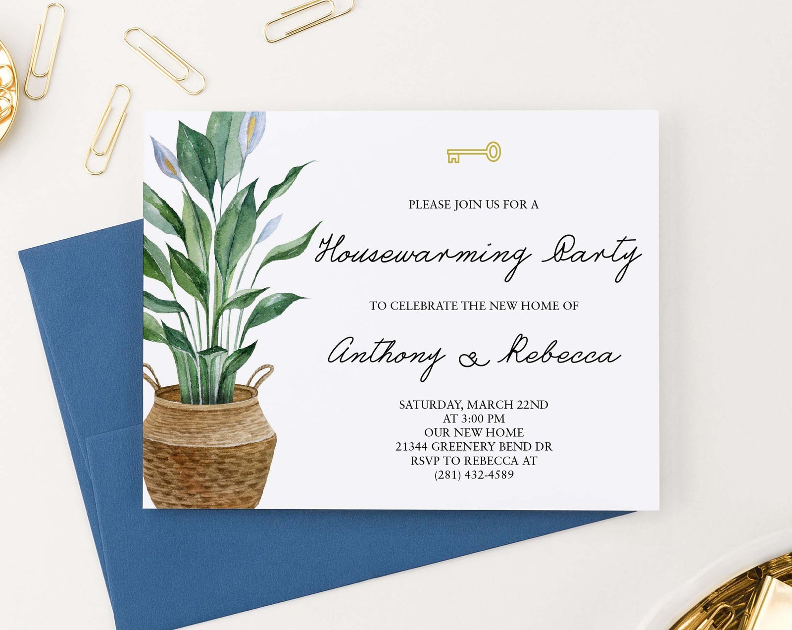 HPI020 personalized housewarming party invites with potted plant greenery key