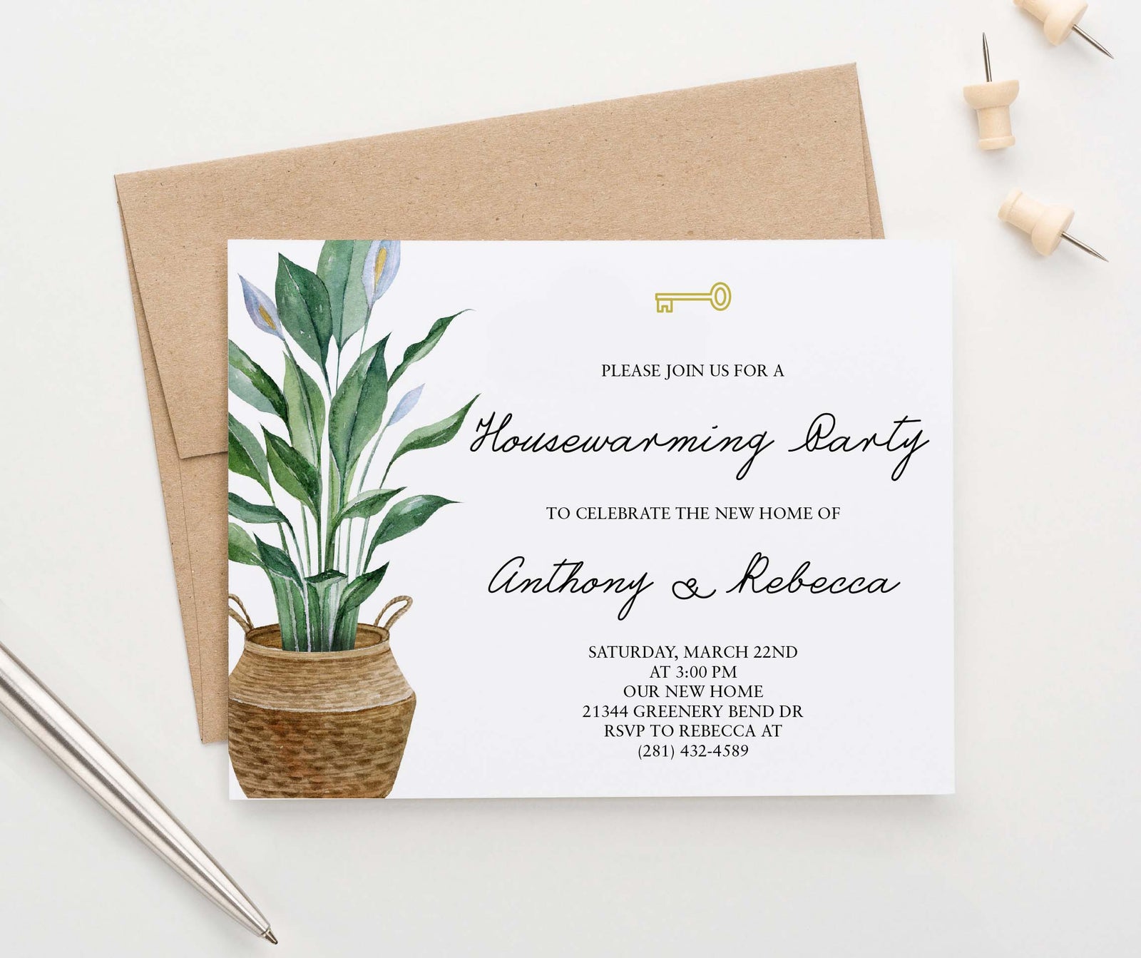 HPI020 personalized housewarming party invites with potted plant greenery key