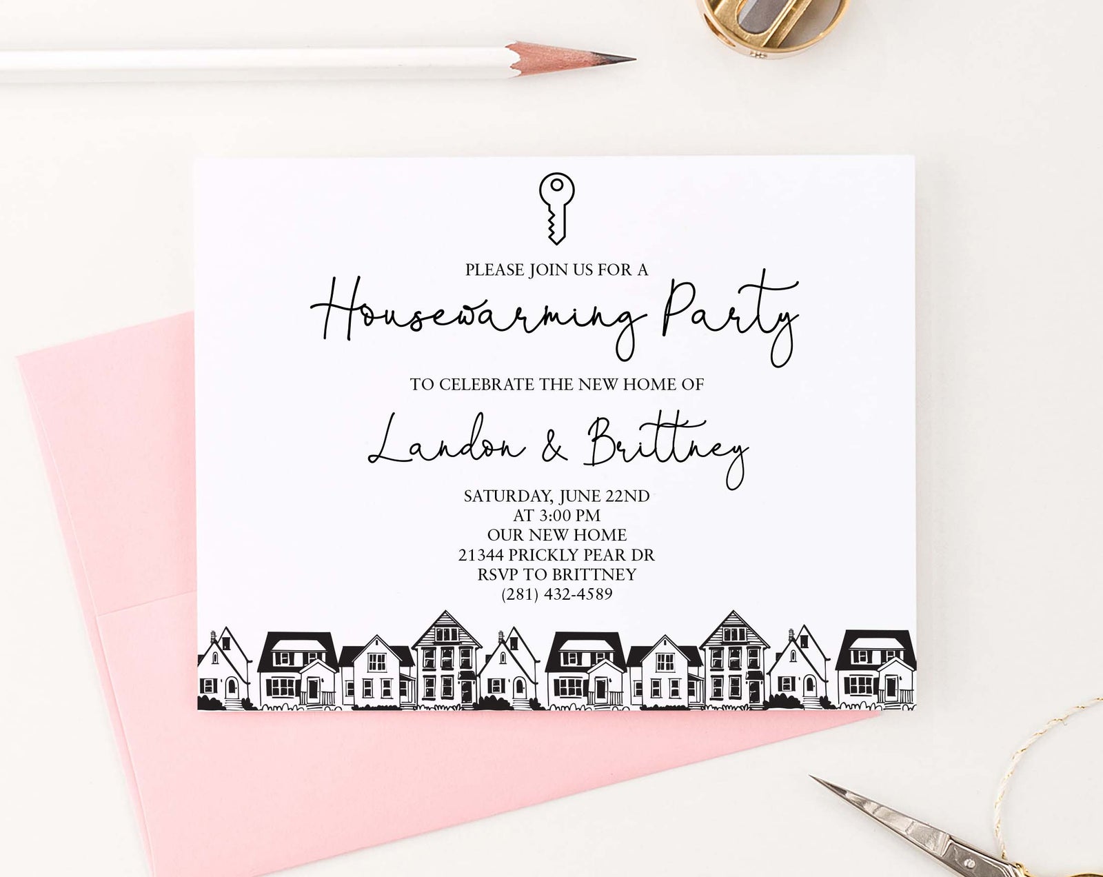 HPI021 personalized housewarming party invite with silhouette houses modern classic 1