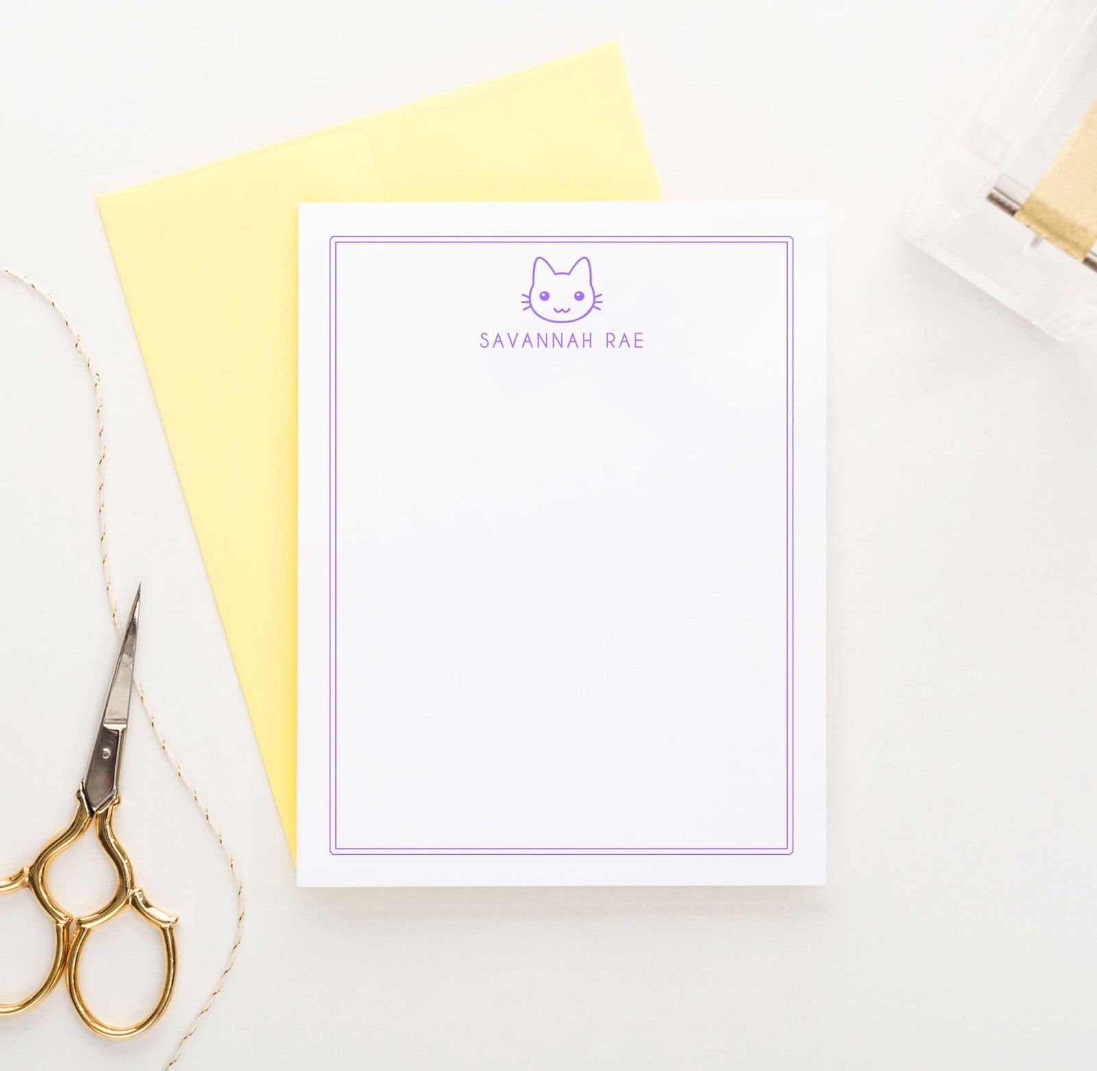 KS001 personalized cat stationery for kids with border and name kitten kitty animal cats
