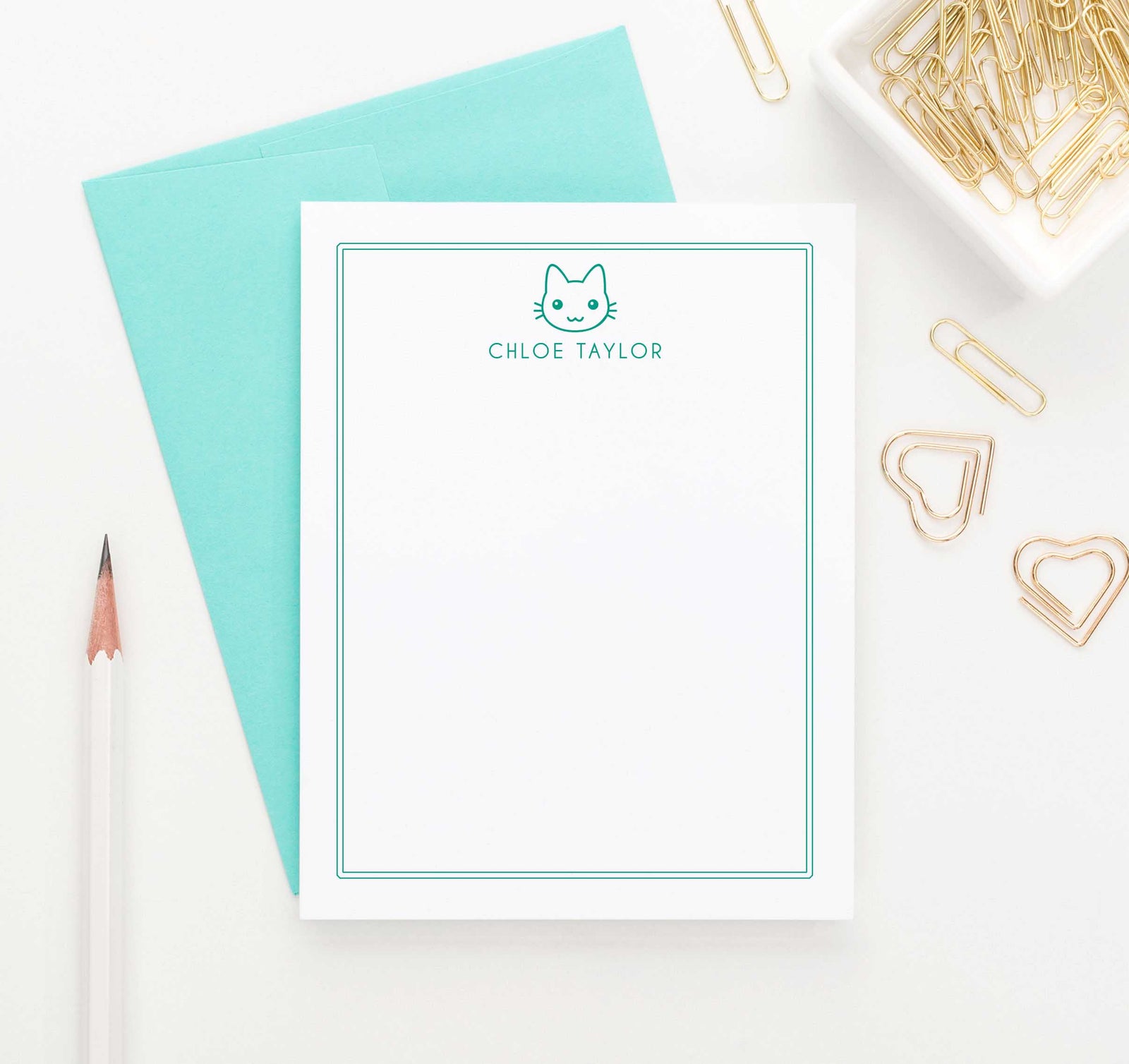 KS001 personalized cat stationery for kids with border and name kitten kitty animal cats