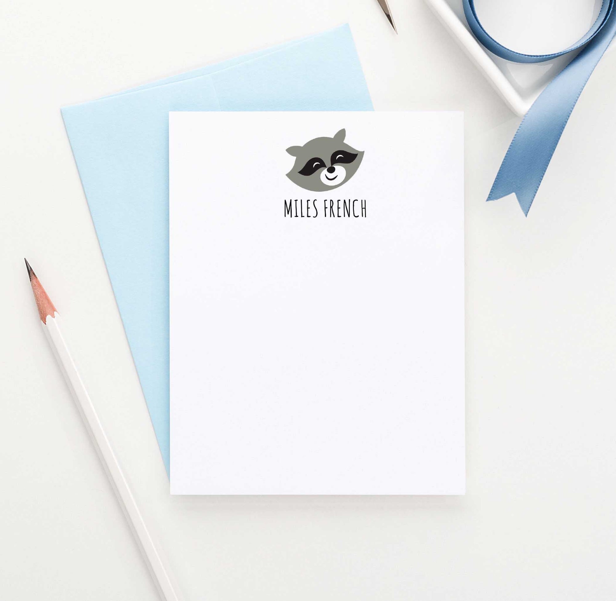 KS054 personalized kids stationary with raccoon boys girls note card animal forest 1