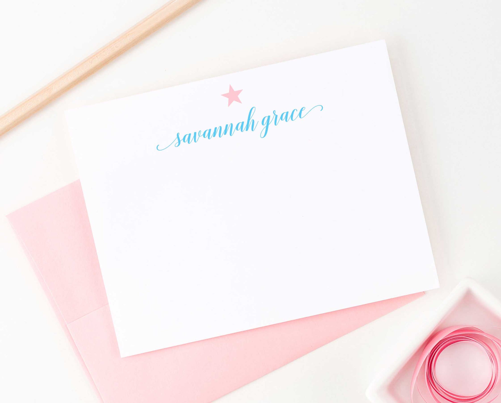 KS065 personalized star and script font note cards for kids girls boys stars stationery cute simple