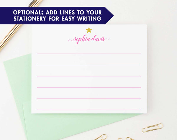 Personalized Star and Script Font Note Cards for Kids - Modern Pink Paper