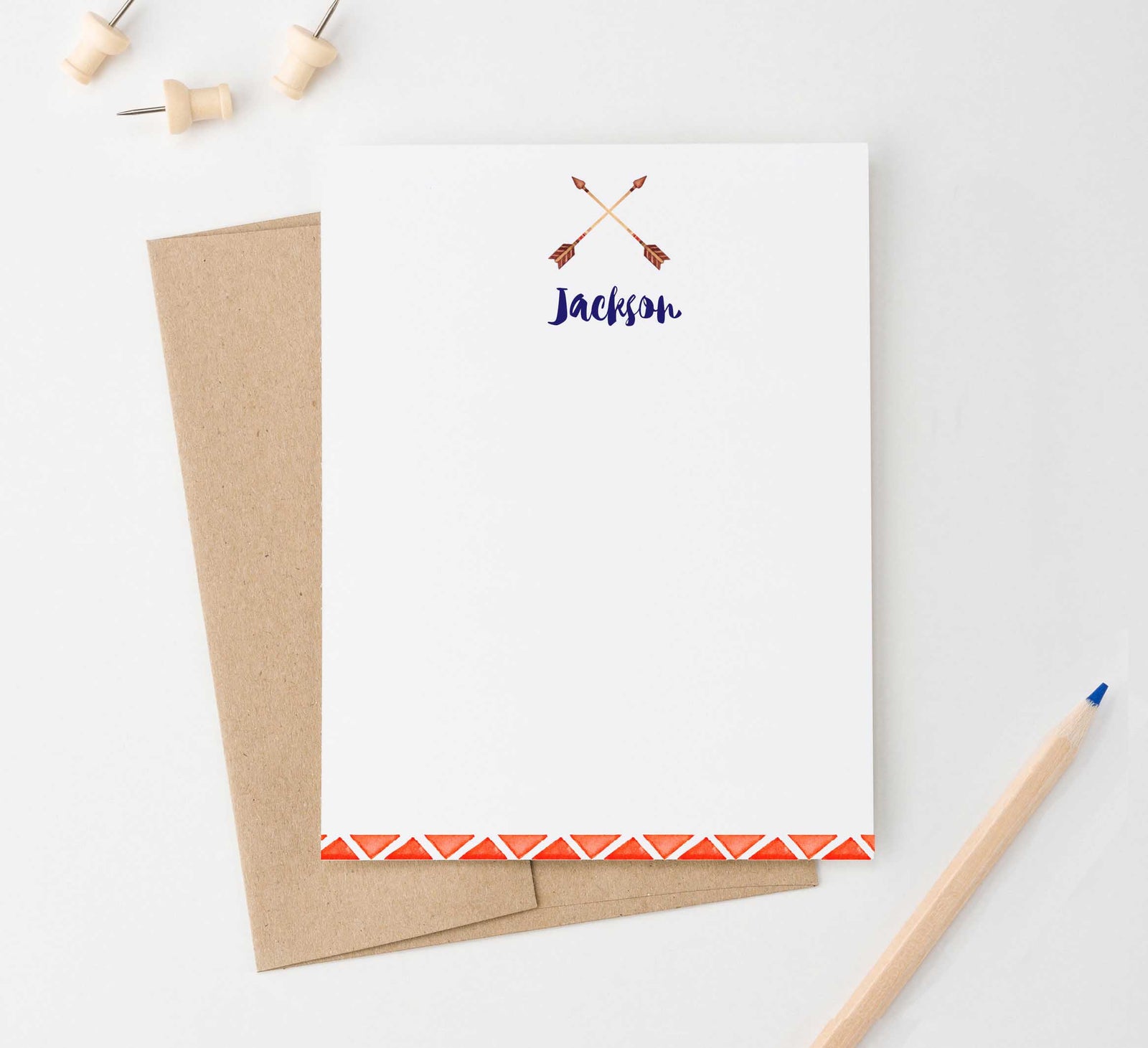 KS081 personlized bohemian arrow flat note cards for boys kids girls arrows boho aztec stationery