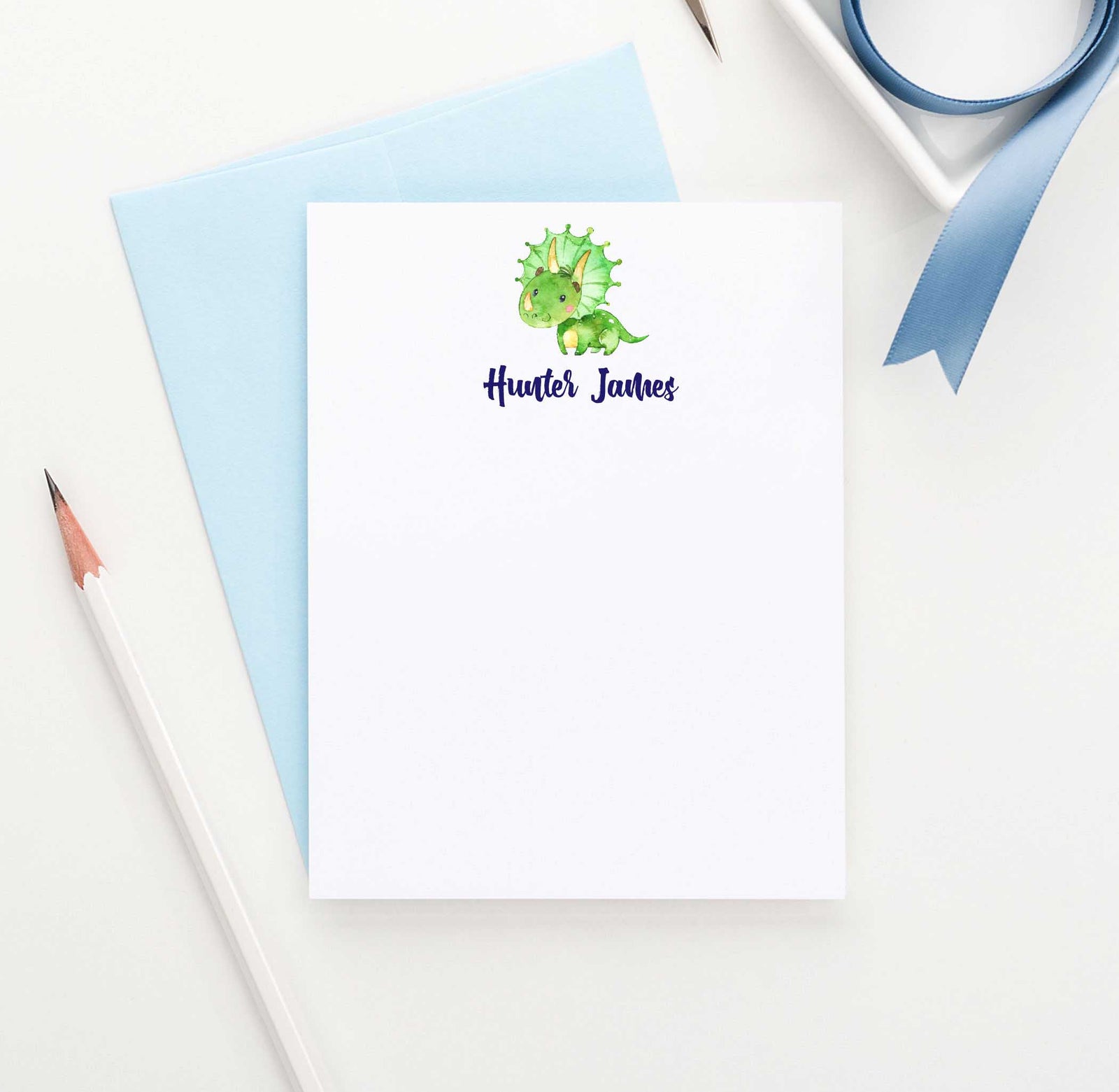 KS084 green dinosaur personal stationery note cards set personalized dino dinosaurs kids fun