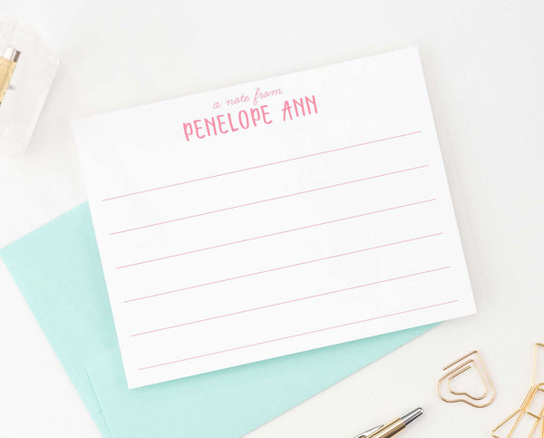 Personalized A Note From Lined Note Cards for Girls - Modern Pink Paper