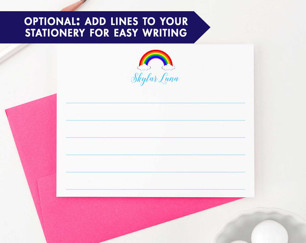 Personalized Rainbow Stationary Notecards for Kids - Modern Pink Paper