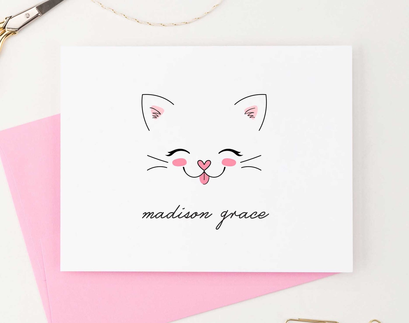 KS113 personalized folded cat stationery set for girls boys kids cats face kitty kitten animal animals 1