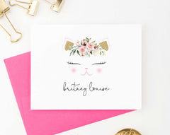 KS114 floral cat note cards personalized set kids girls girl boys kitty kitten elegant cute flowers gold glitter