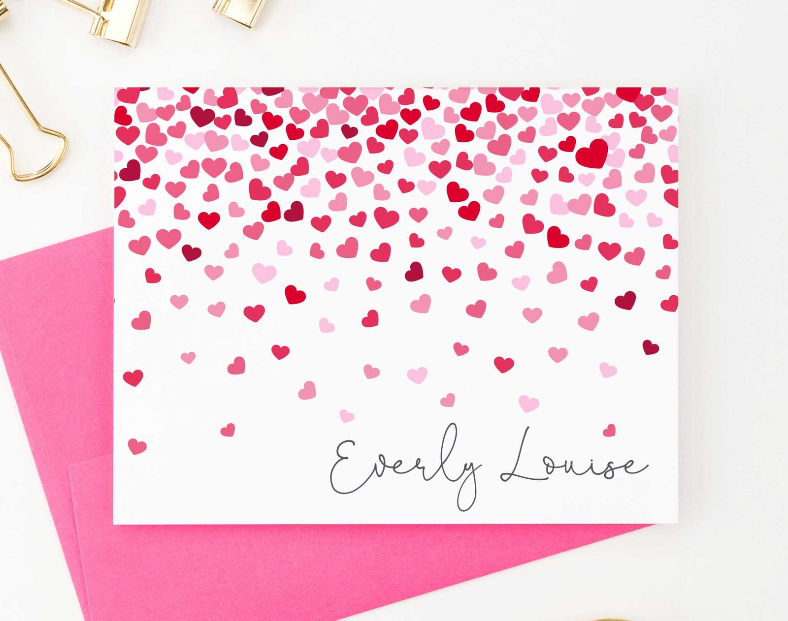 KS117 folded hearts stationery set personalized kids girls notecards heart pink and red 1