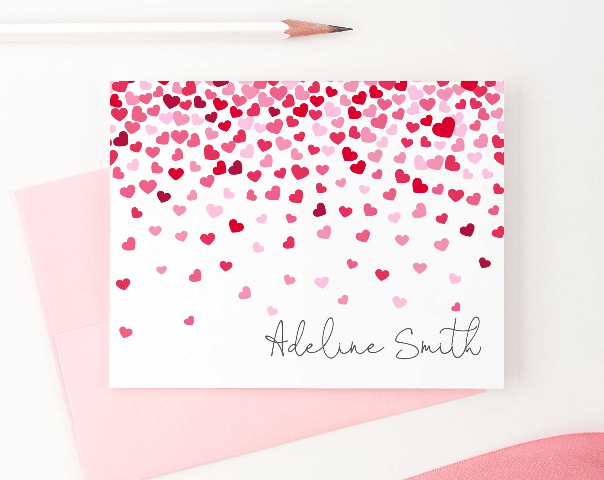 KS117 folded hearts stationery set personalized kids girls notecards heart pink and red 1