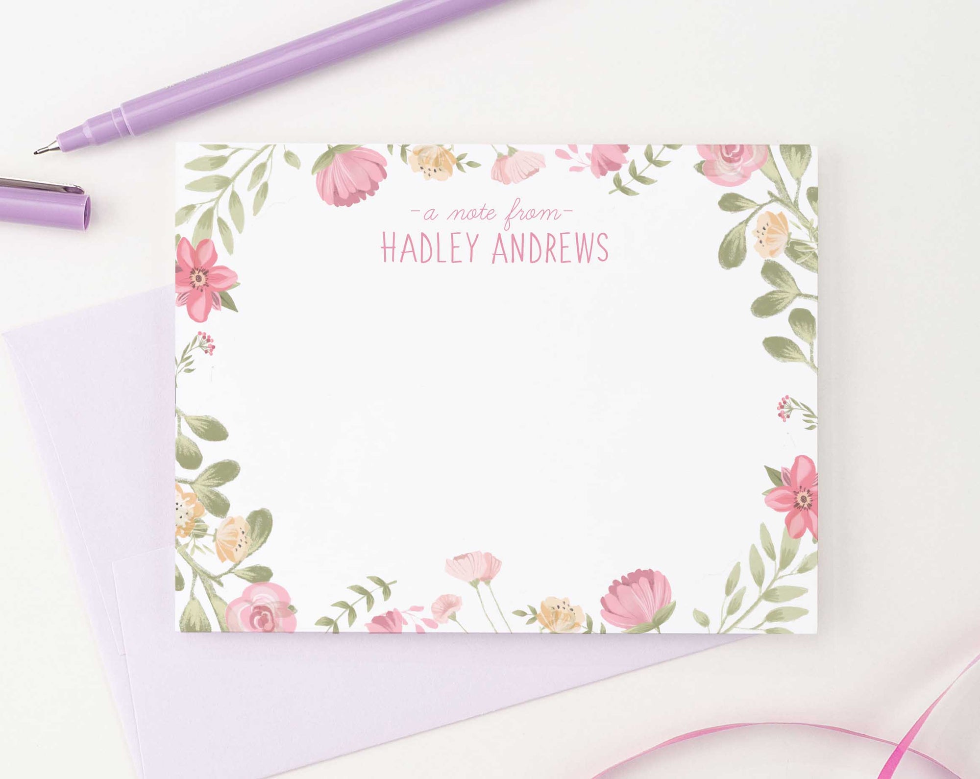 KS133 watercolor floral personalized stationery set a note from girls flowers cute sweet 2
