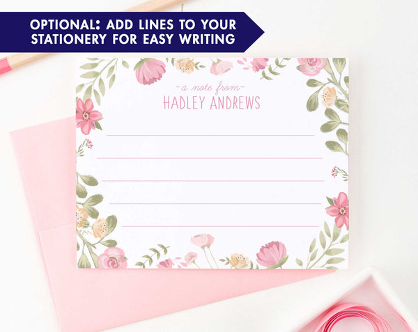 Watercolor Floral Personalized Stationery Set - Modern Pink Paper