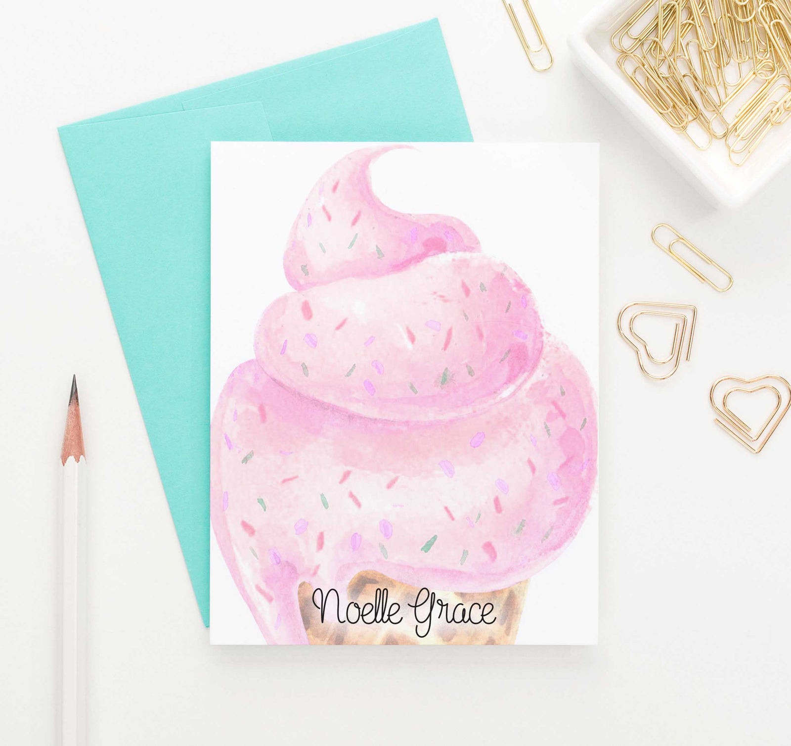 KS143 personalized watercolor ice cream stationery gift sets kids girls water color icecream cone pink 3