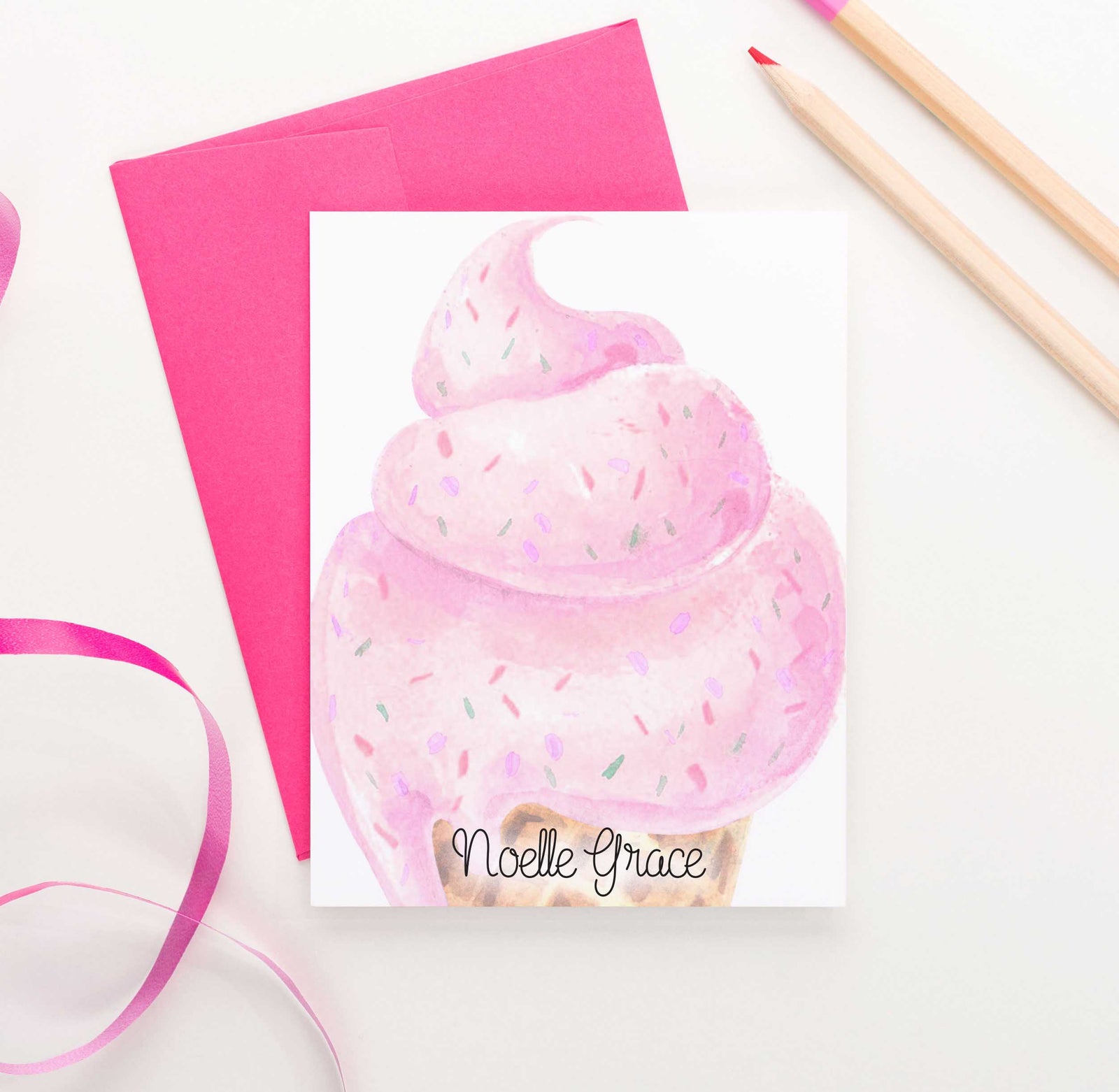KS143 personalized watercolor ice cream stationery gift sets kids girls water color icecream cone pink 3