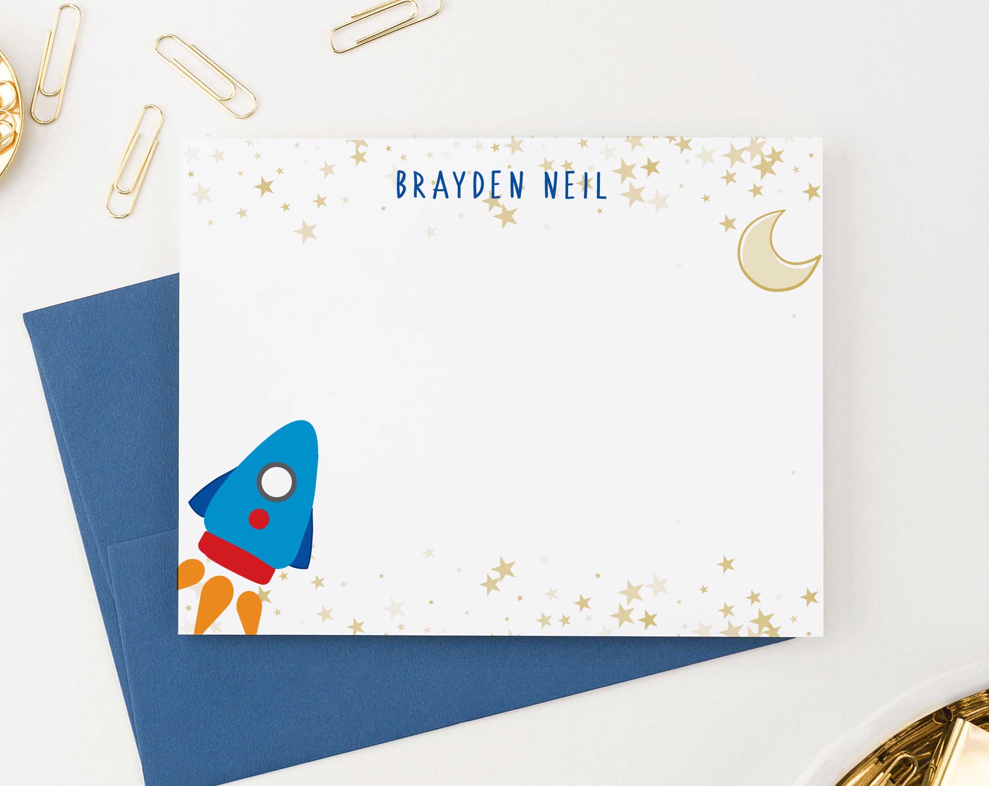 KS152 personalized rocketship stationery set with gold stars space spaceship moon star boys girls kids 3