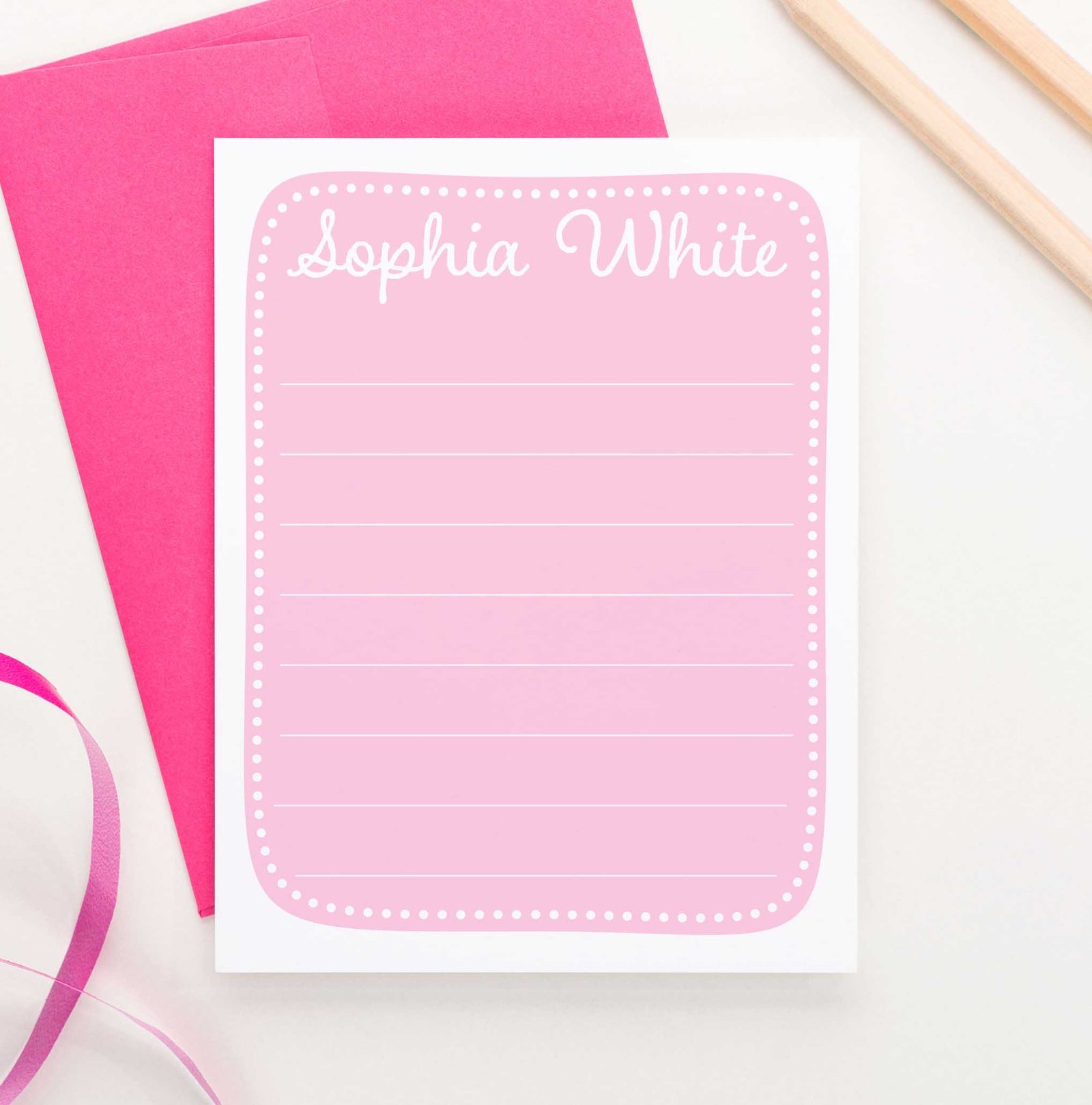 KS158 personalized girls pink stationery with polka dot border baby pink kids cute lined