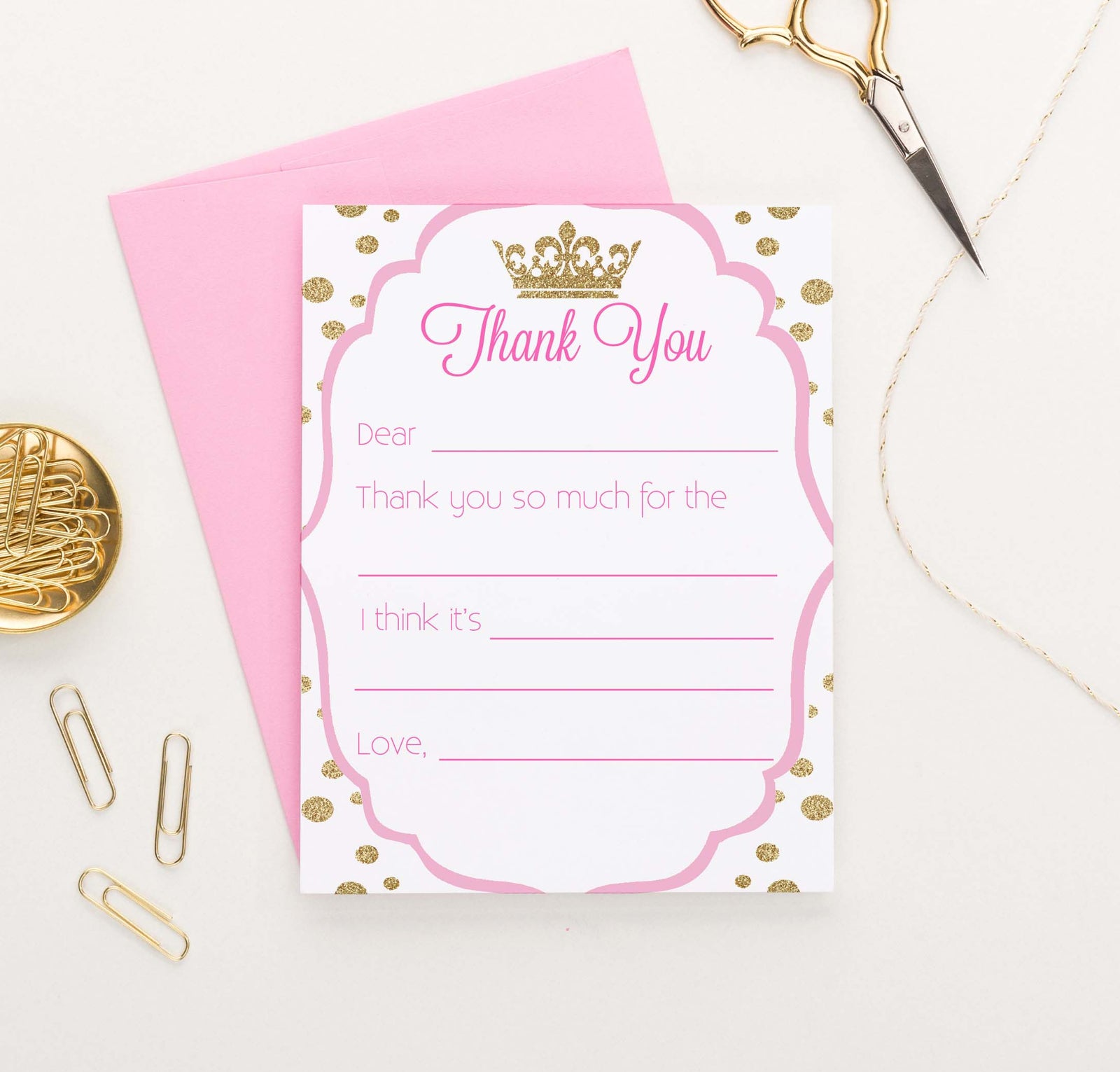KS175 kids fill in thank you princess stationery set gold glitter polka dots