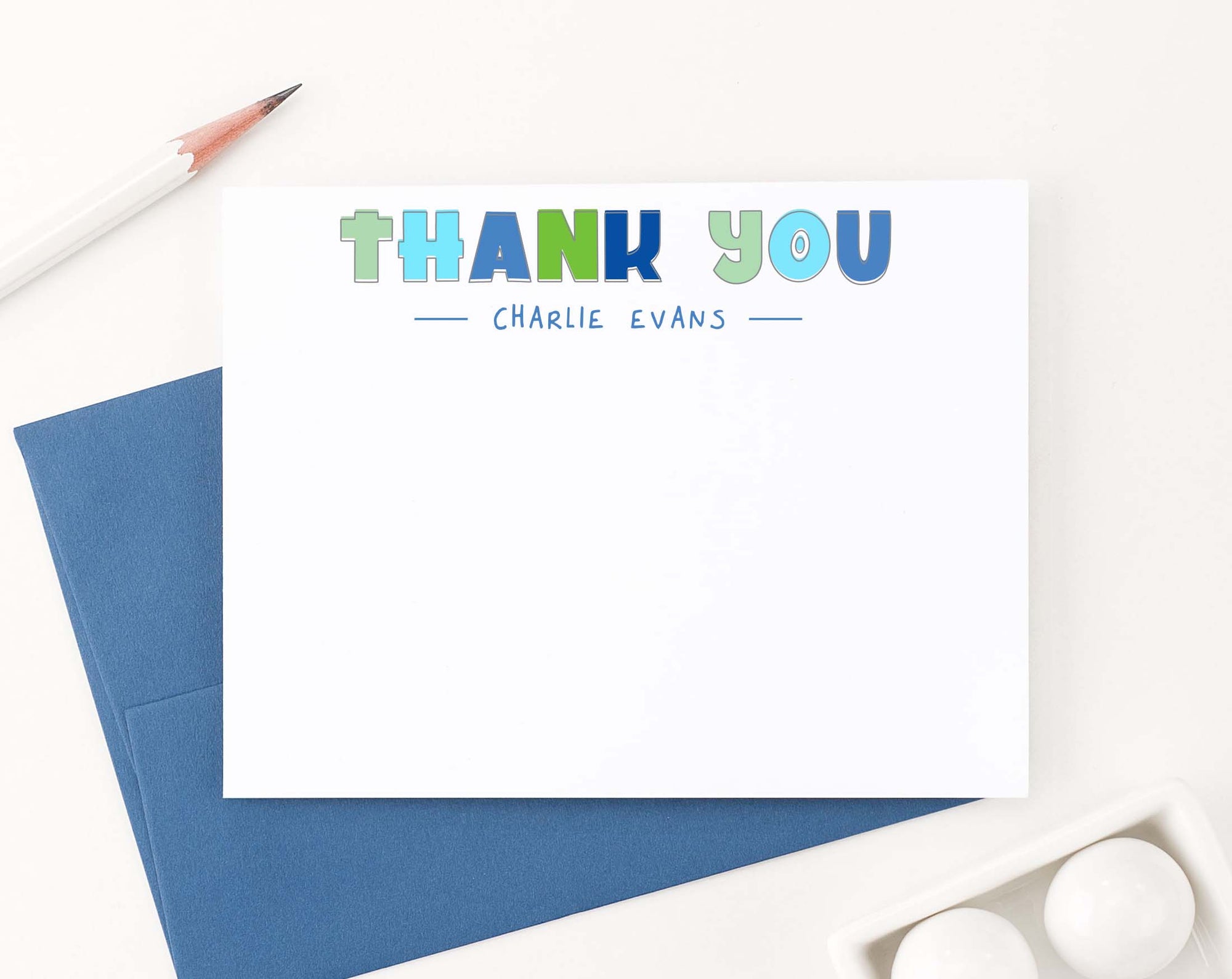 KS177 personalized blue and green thank you kids stationary boys girls cute