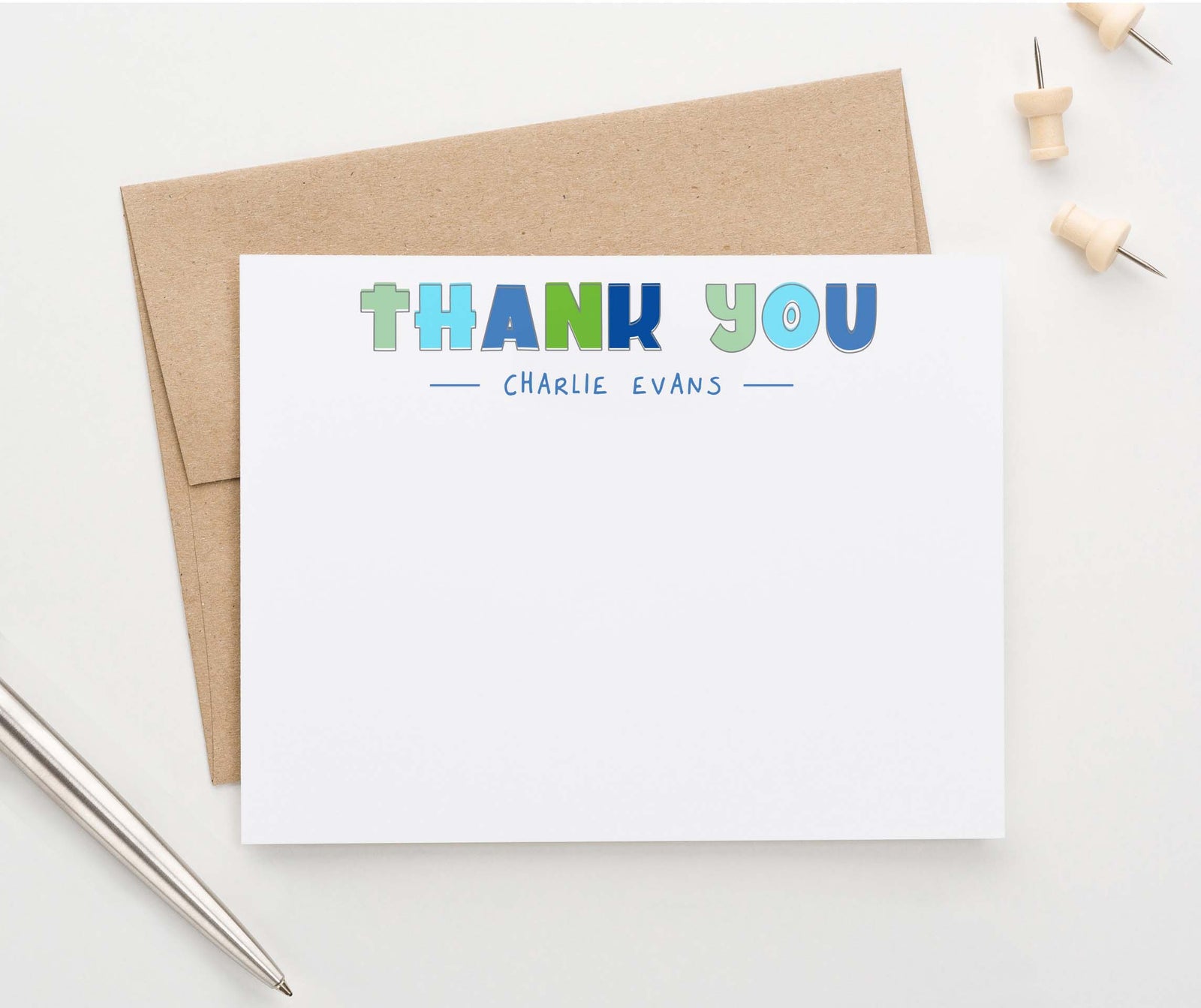 KS177 personalized blue and green thank you kids stationary boys girls cute