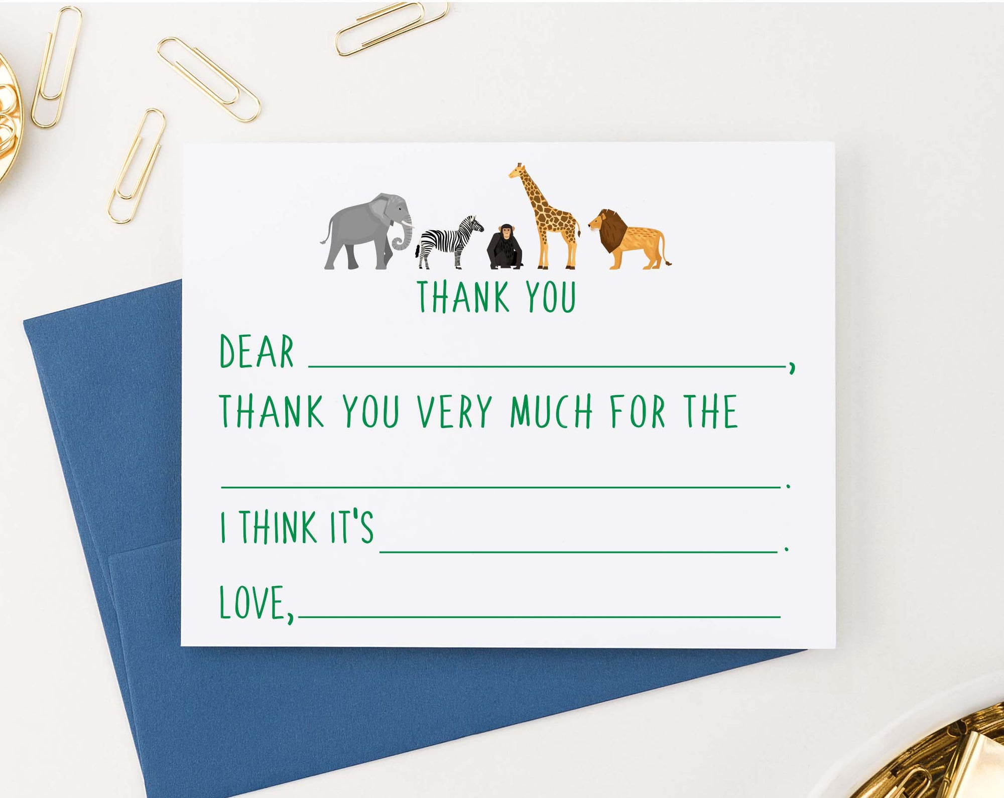 KS180 zoo animals fill in thank you note cards set with elephant zebra monkey giraffe and lion
