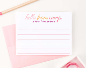 KS187 girls personalized hello from camp lined stationery a note from pink