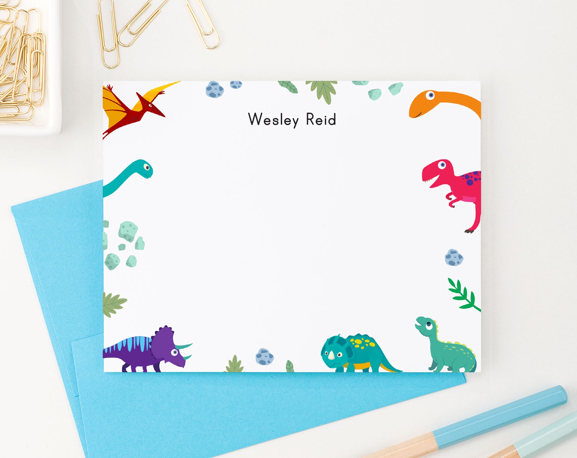 KS215 Personalized Stationery Set with Dinosaurs dino thank you animal note card